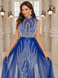 Crystal Beaded Mermaid Gown with Tulle Over-Skirt