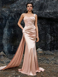 Blush Satin Mermaid Gown with Asymmetrical Straps
