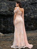 Blush One-Shoulder Beaded Mermaid Gown with Detachable Cape