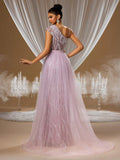 Elegant One-Shoulder Beaded Tulle Evening Dress with High Slit