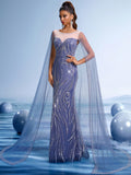 Navy Blue Sequin Mermaid Gown with Sheer Cape Sleeves