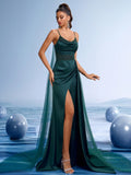 Satin Cowl Neck Gown with Sheer Tulle Overlay and High Slit
