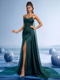 Satin Cowl Neck Gown with Sheer Tulle Overlay and High Slit