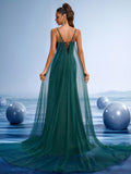 Satin Cowl Neck Gown with Sheer Tulle Overlay and High Slit