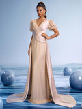 Champagne Beaded Mermaid Gown with Sheer Puff Sleeves