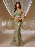 Olive Green Crystal Mermaid Gown with Draped Cape Shoulder