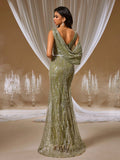 Olive Green Crystal Mermaid Gown with Draped Cape Shoulder