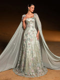 Luxury Floral Beaded Evening Gown with Sheer Cape Sleeves