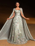 Luxury Floral Beaded Evening Gown with Sheer Cape Sleeves