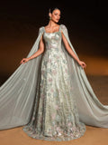 Luxury Floral Beaded Evening Gown with Sheer Cape Sleeves
