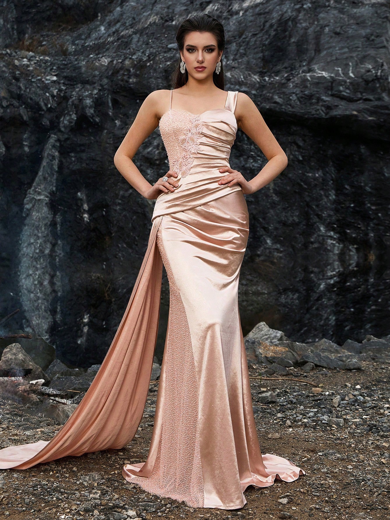 Elegant blush pink satin mermaid evening gown featuring an asymmetrical one-shoulder neckline, intricate lace embroidery bodice, and a dramatic side-draping train for formal galas or weddings.