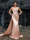 Elegant blush pink satin mermaid evening gown featuring an asymmetrical one-shoulder neckline, intricate lace embroidery bodice, and a dramatic side-draping train for formal galas or weddings.