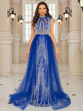 Sparkling Royal Sapphire Sleeveless Evening Gown with Crystal Beading and Sheer Chiffon Skirt, Luxury Ball Gown for Red Carpet and Weddings