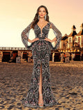 Elegant Black Chiffon Mermaid Evening Gown, Luxury Hand-Beaded Deep V-Neck Red Carpet Dress with Crystal Sequins and High Slit