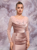 Romantic Soft Pink Satin Evening Gown with Beaded Long Sleeves, Elegant Luxury Wedding Guest Dress for Galas and Formal Events