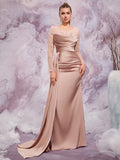 Romantic Soft Pink Satin Evening Gown with Beaded Long Sleeves, Elegant Luxury Wedding Guest Dress for Galas and Formal Events