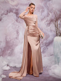 Romantic Soft Pink Satin Evening Gown with Beaded Long Sleeves, Elegant Luxury Wedding Guest Dress for Galas and Formal Events