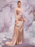 Romantic Soft Pink Satin Evening Gown with Beaded Long Sleeves, Elegant Luxury Wedding Guest Dress for Galas and Formal Events