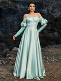 Moss Agate Crystal Embroidered Evening Gown with Off-Shoulder Design and Sheer Open Back