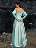 Moss Agate Crystal Embroidered Evening Gown with Off-Shoulder Design and Sheer Open Back