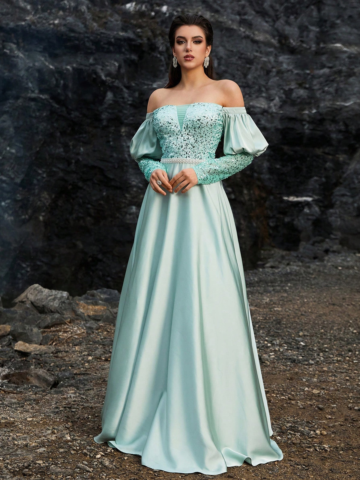 Moss Agate Crystal Embroidered Evening Gown with Off-Shoulder Design and Sheer Open Back