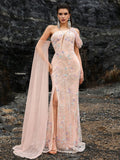 Blush One-Shoulder Beaded Mermaid Gown with Detachable Cape