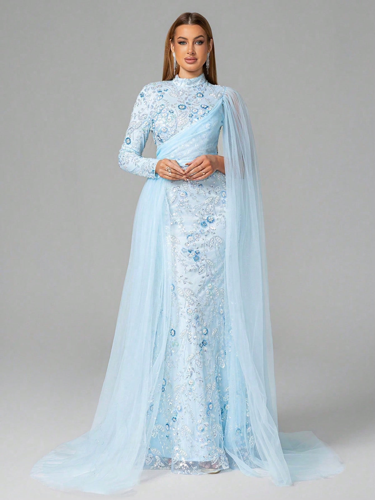 Sky Blue Crystal Embroidered Evening Gown with Sheer Cape and Flowing Sleeves