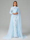 Sky Blue Crystal Embroidered Evening Gown with Sheer Cape and Flowing Sleeves