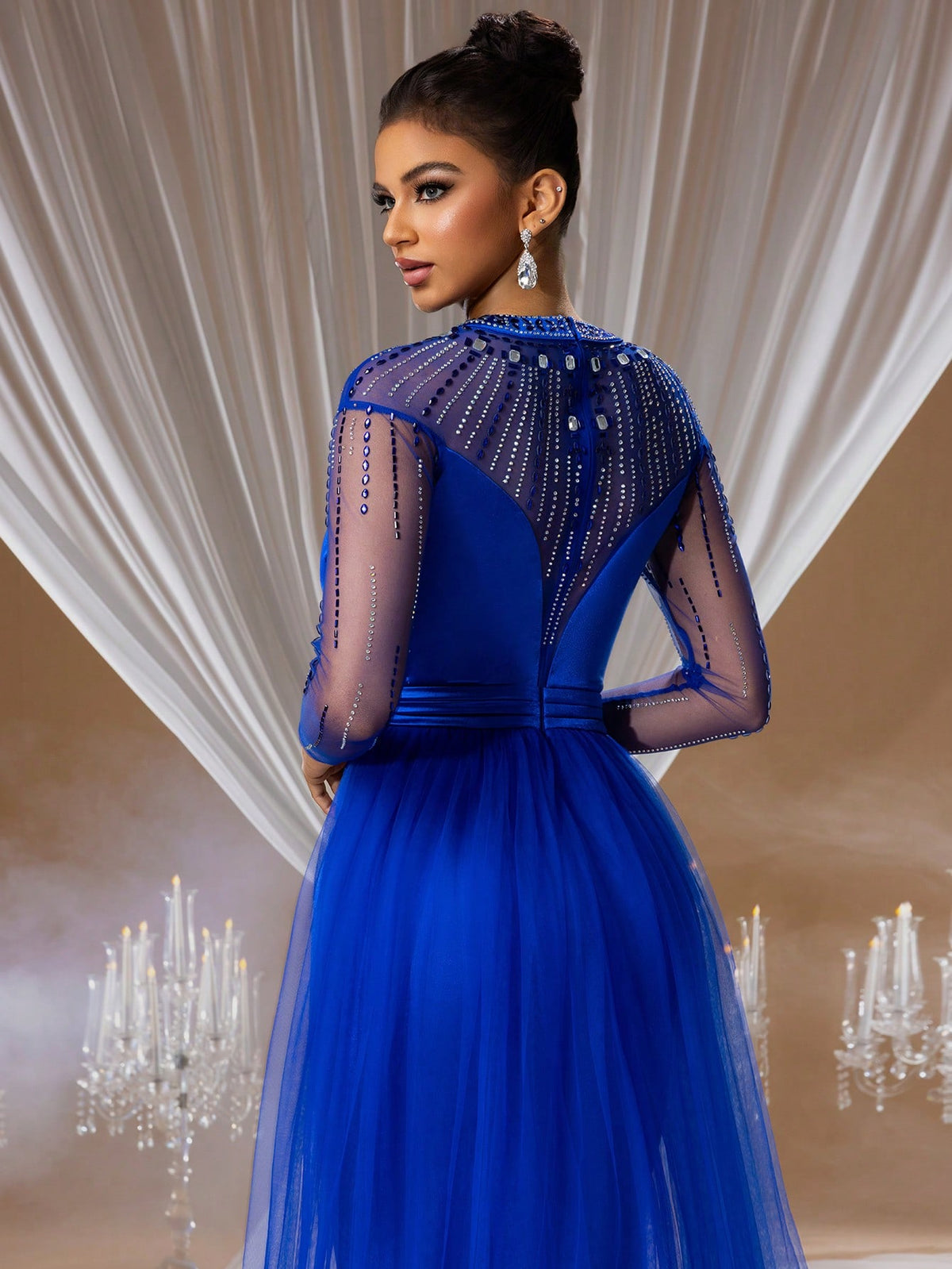Stunning Royal Blue Evening Gown with Beaded Sheer Sleeves, Perfect for Weddings, Galas and Red Carpet Events