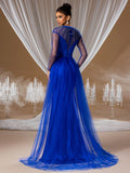 Stunning Royal Blue Evening Gown with Beaded Sheer Sleeves, Perfect for Weddings, Galas and Red Carpet Events