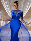 Stunning Royal Blue Evening Gown with Beaded Sheer Sleeves, Perfect for Weddings, Galas and Red Carpet Events
