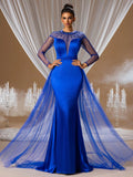 Stunning Royal Blue Evening Gown with Beaded Sheer Sleeves, Perfect for Weddings, Galas and Red Carpet Events