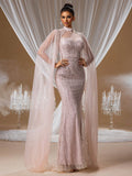Soft Blush Pink Sequin Embroidered Mermaid Evening Gown with Sheer Cape Sleeves and Illusion Open Back