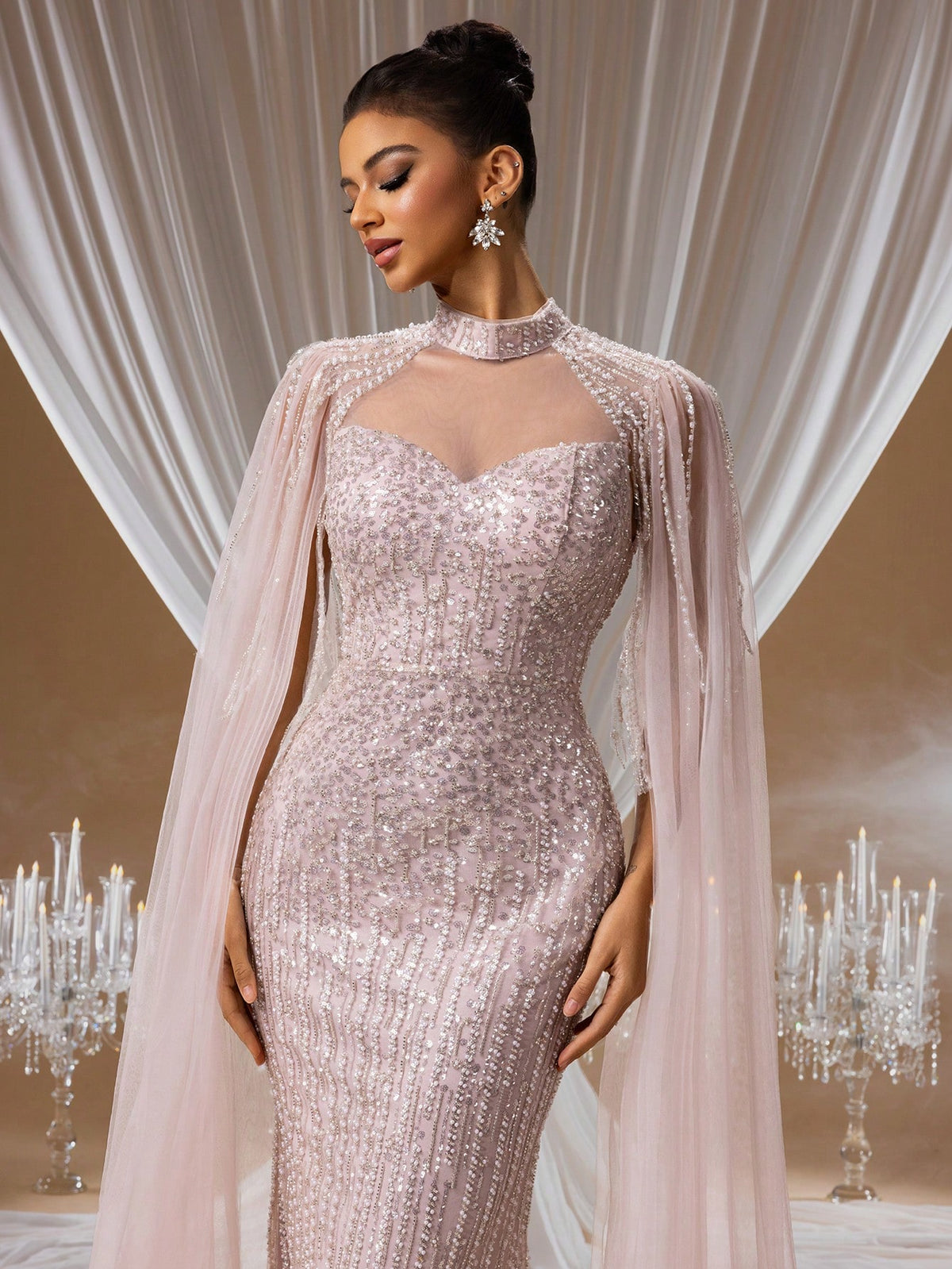 Soft Blush Pink Sequin Embroidered Mermaid Evening Gown with Sheer Cape Sleeves and Illusion Open Back