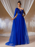 Stunning Royal Blue One-Shoulder Evening Gown with Beaded Accents and Flowing Chiffon Skirt