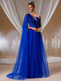 Stunning Royal Blue One-Shoulder Evening Gown with Beaded Accents and Flowing Chiffon Skirt