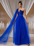 Stunning Royal Blue One-Shoulder Evening Gown with Beaded Accents and Flowing Chiffon Skirt