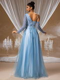 Sapphire Floral Beaded Ball Gown with Sheer V-Neckline and Crystal-Embellished Sleeves