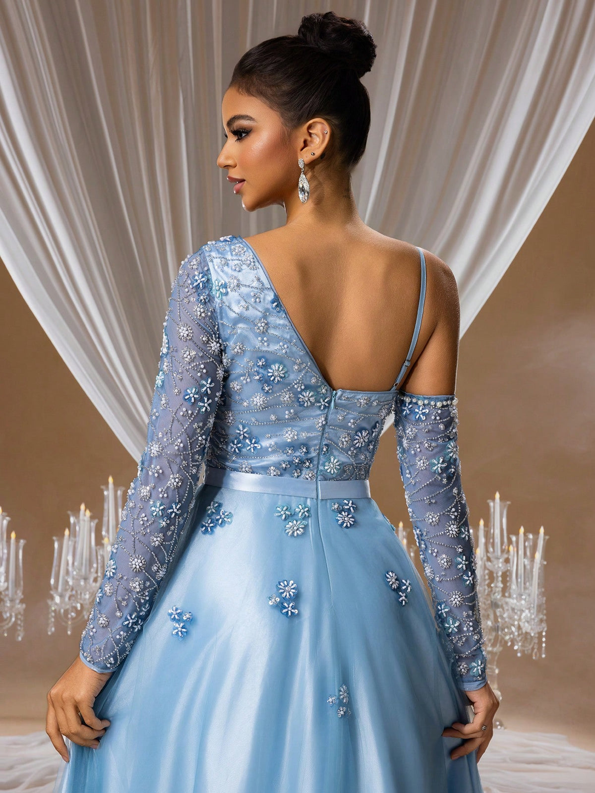 Sapphire Floral Beaded Ball Gown with Sheer V-Neckline and Crystal-Embellished Sleeves