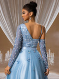 Sapphire Floral Beaded Ball Gown with Sheer V-Neckline and Crystal-Embellished Sleeves