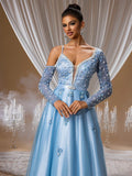 Sapphire Floral Beaded Ball Gown with Sheer V-Neckline and Crystal-Embellished Sleeves