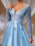 Sapphire Floral Beaded Ball Gown with Sheer V-Neckline and Crystal-Embellished Sleeves