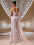 Pink Illusion Neckline Evening Gown with 3D Floral Lace Appliqués and Layered Tulle, Elegant Wedding Guest Dress