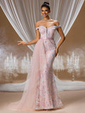 Pink Illusion Neckline Evening Gown with 3D Floral Lace Appliqués and Layered Tulle, Elegant Wedding Guest Dress