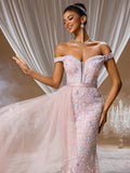 Pink Illusion Neckline Evening Gown with 3D Floral Lace Appliqués and Layered Tulle, Elegant Wedding Guest Dress