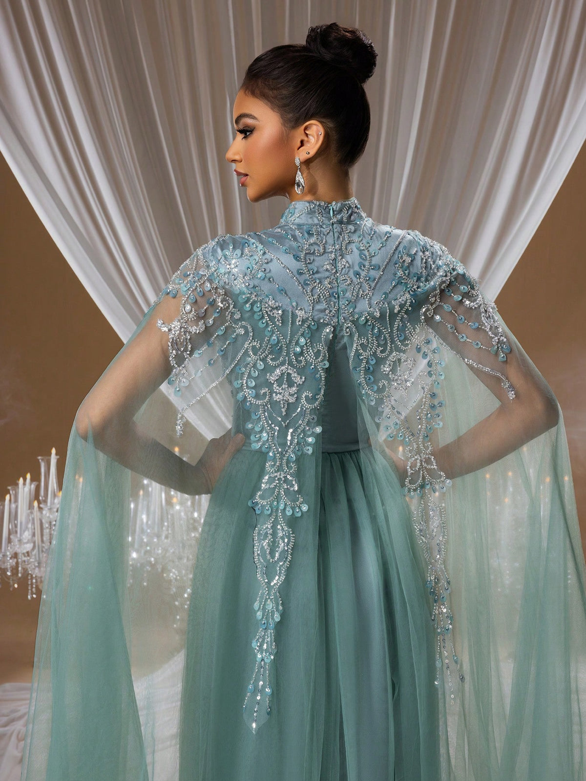 Starry Seafoam Green Crystal Embroidered Evening Gown with Beaded Sheer Neckline and Layered Tulle Cape Sleeves