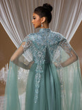 Starry Seafoam Green Crystal Embroidered Evening Gown with Beaded Sheer Neckline and Layered Tulle Cape Sleeves