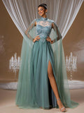 Starry Seafoam Green Crystal Embroidered Evening Gown with Beaded Sheer Neckline and Layered Tulle Cape Sleeves