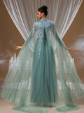 Starry Seafoam Green Crystal Embroidered Evening Gown with Beaded Sheer Neckline and Layered Tulle Cape Sleeves