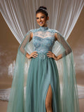 Starry Seafoam Green Crystal Embroidered Evening Gown with Beaded Sheer Neckline and Layered Tulle Cape Sleeves